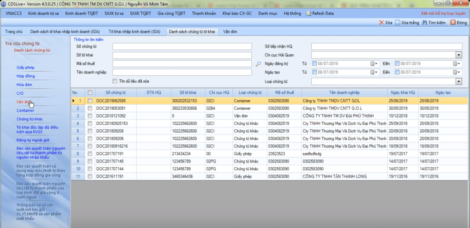 Lưu trữ & tra cứu tờ khai